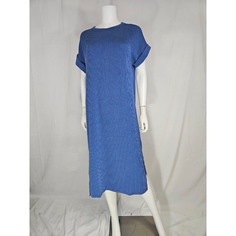 Entro Indigo Ribbed Short Sleeve Round Neck Side Slit Maxi Dress